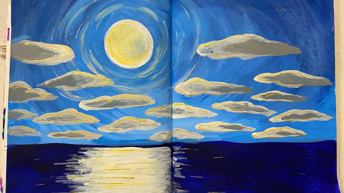 sketchbook painting of a full moon rising over the ocean